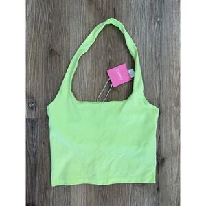 ANWND Halter Crop Top Women S/M Neon Lime Green Slinky Square Neck NEW